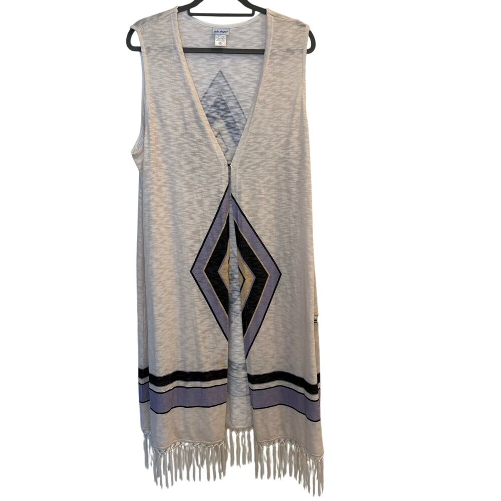 Vicki Wayne Southwestern Geometric Fringe Longline Vest Cardigan Cowgirl Boho XL